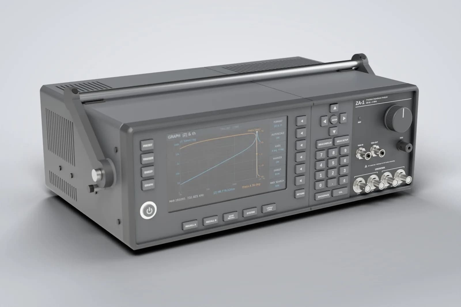 The ZA-1 precision impedance analyzer, an instrument designed in-house, rendered from its CAD model.
